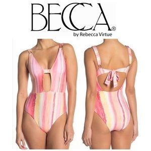 NEW BECCA Cabana Stripe Buckle Plunge One Piece Swimsuit